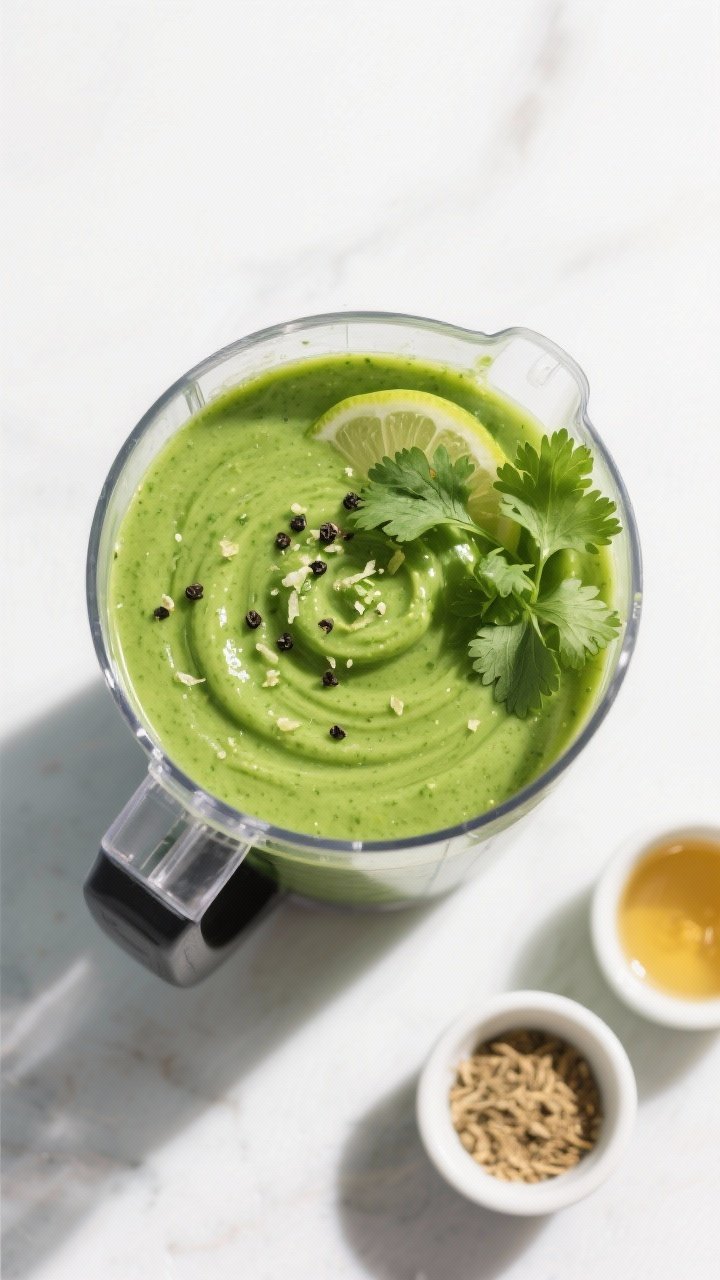 Tasty top view: Overhead shot of a blender jar filled with the finished cilantro lime sauce—vivid 