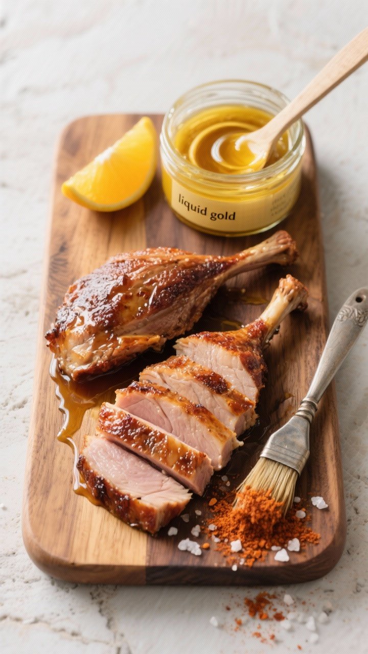 Tasty top view: Overhead shot of a board presentation—two duck breasts sliced across the grain wit