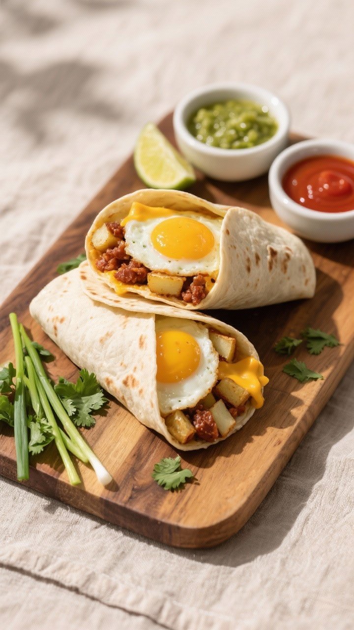 Tasty top view: Overhead shot of a board with two halved breakfast burritos, cross-sections facing u