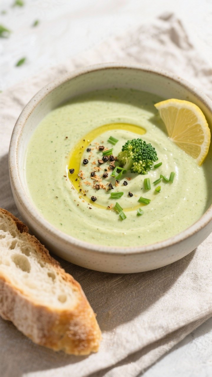 Tasty top view: Overhead shot of a bowl of Air Fryer Cream of Broccoli Soup, silky pale-green surfac