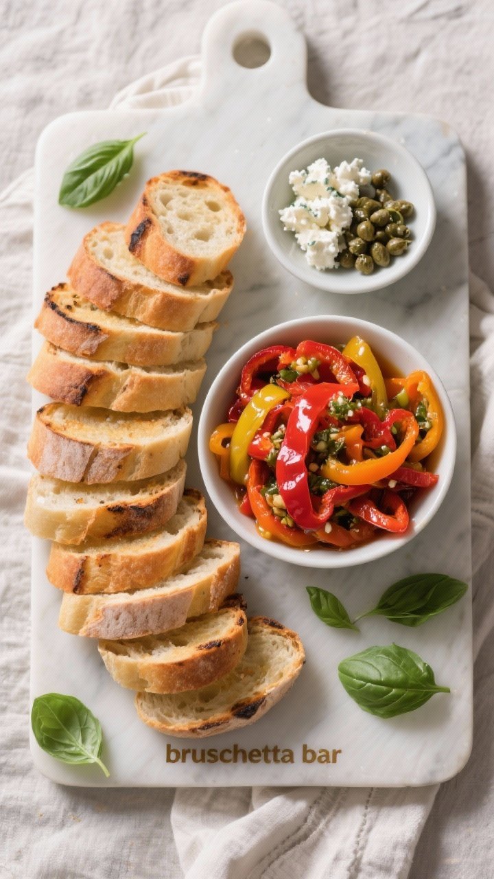 Tasty top view: Overhead shot of a “bruschetta bar” setup—neatly stacked toasted baguette slic