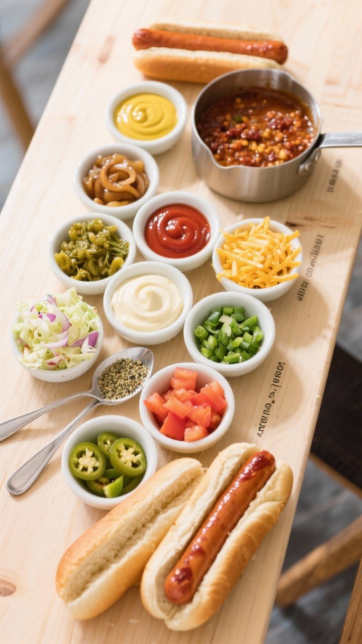 Tasty top view: Overhead shot of a build-your-own hot dog toppings bar on a light wood surface—sma