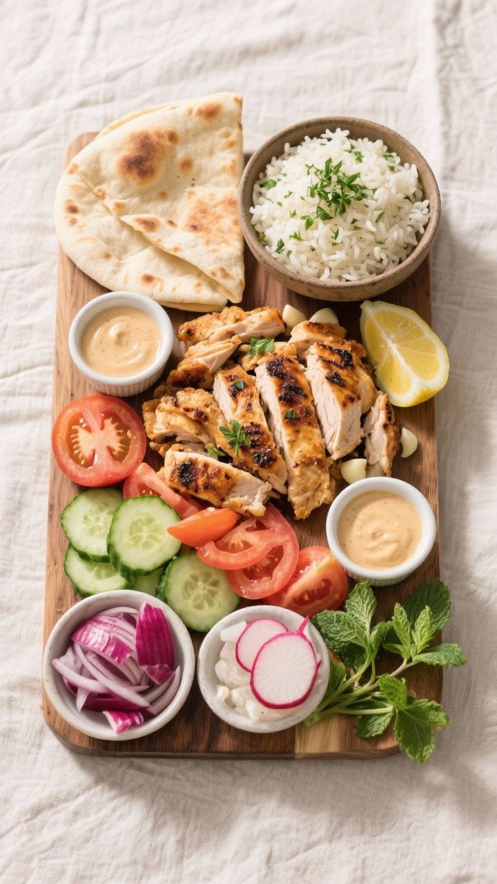 Tasty top view: Overhead shot of a build-your-own shawarma board—warm pita, a bowl of fluffy herbe