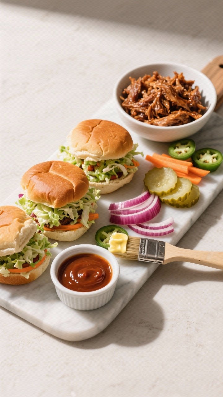 Tasty top view: Overhead shot of a build-your-own slider board—soft toasted slider buns, a bowl of