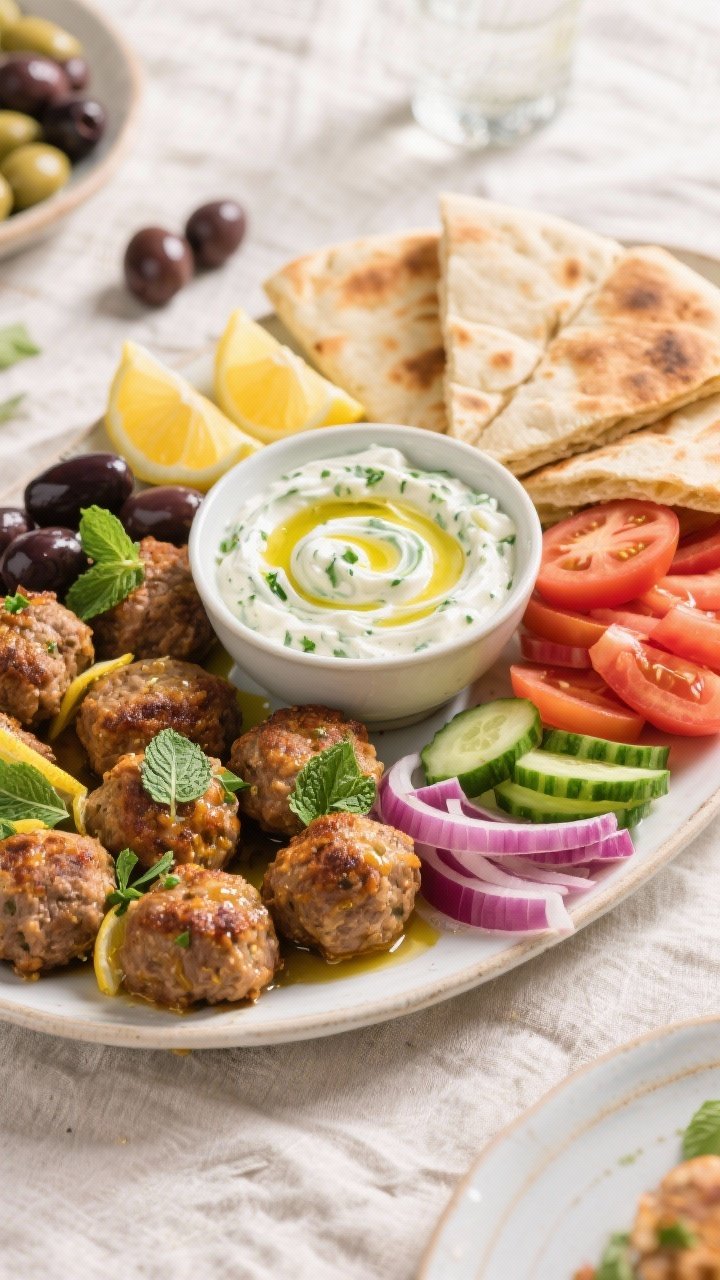 Tasty top view: Overhead shot of a casual party platter—golden-brown Greek lamb meatballs drizzled