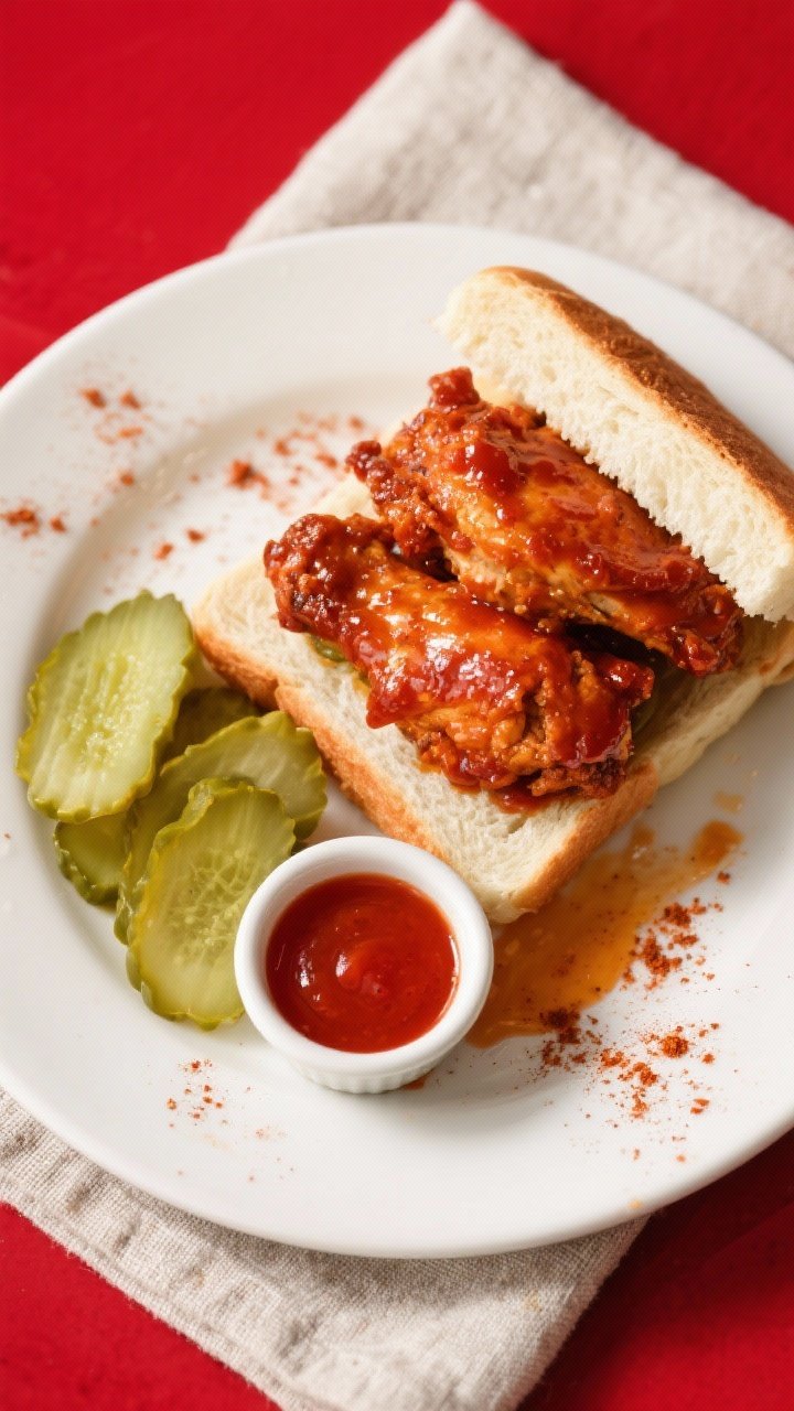 Tasty top view: Overhead shot of a classic Nashville hot chicken plate—glazed spicy chicken stacke