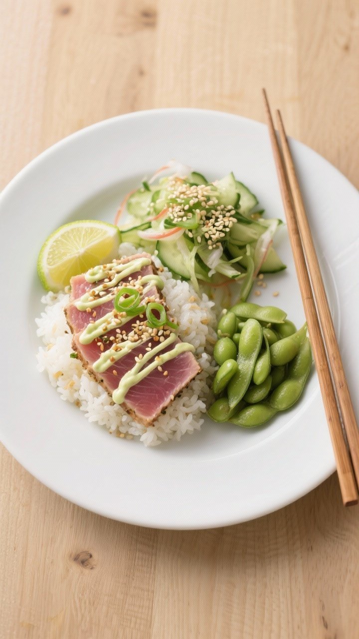 Tasty top view: Overhead shot of a complete plate—sliced tuna fanned over jasmine rice with a gene