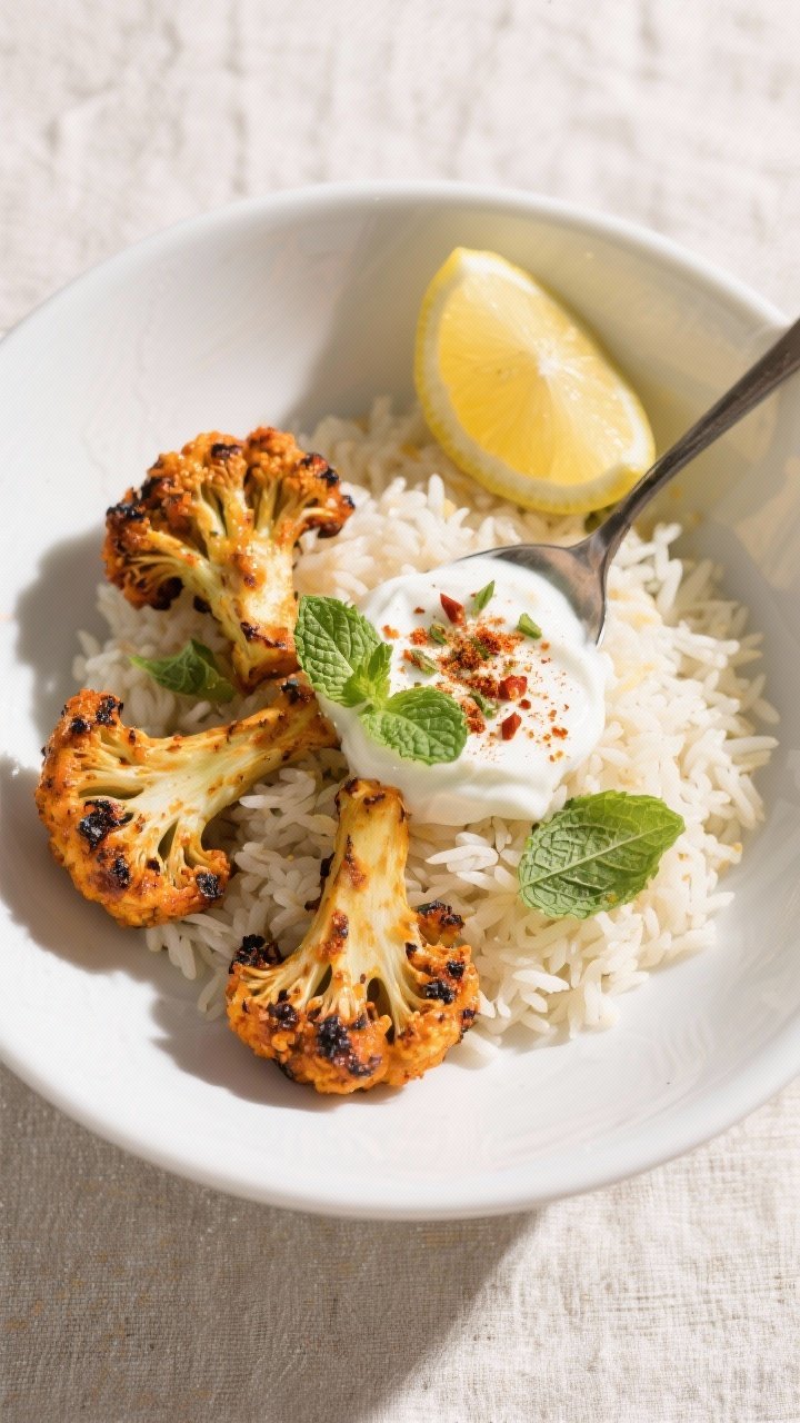 Tasty top view: Overhead shot of a composed bowl—basmati rice topped with tandoori cauliflower, a