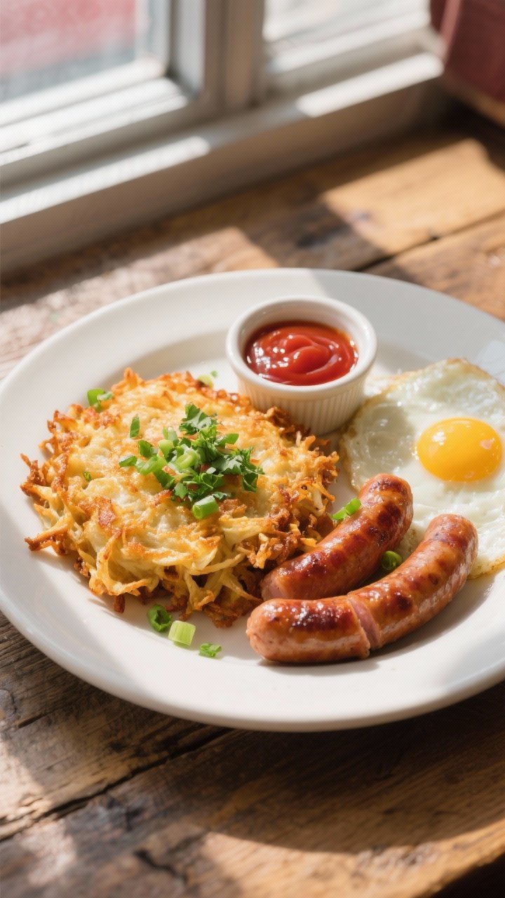 Tasty top view: Overhead shot of a diner-style breakfast plate—golden hash brown patty shards pile