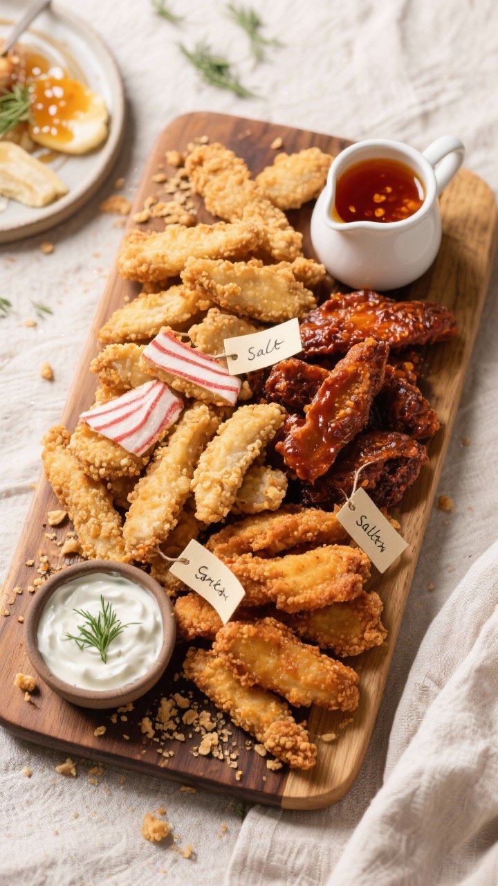 Tasty top view: Overhead shot of a family-style board piled with mixed-flavor crisp-coated chicken s
