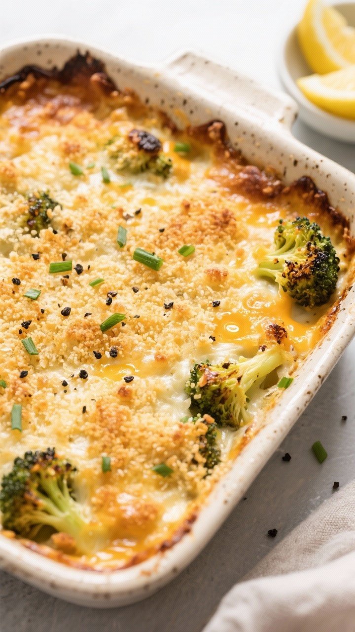 Tasty top view: Overhead shot of a family-style gratin in a rustic ceramic baking dish, even layer o