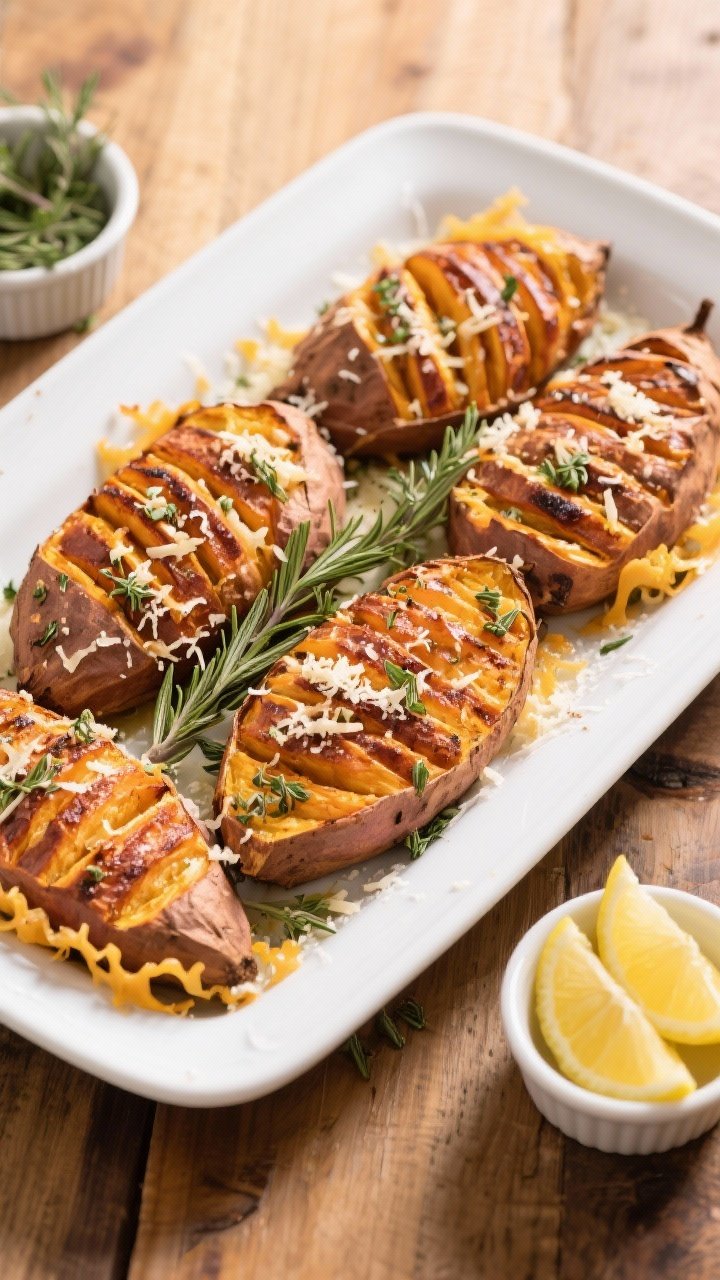 Tasty top view: Overhead shot of a family-style platter of Hasselback sweet potatoes with a Parmesan
