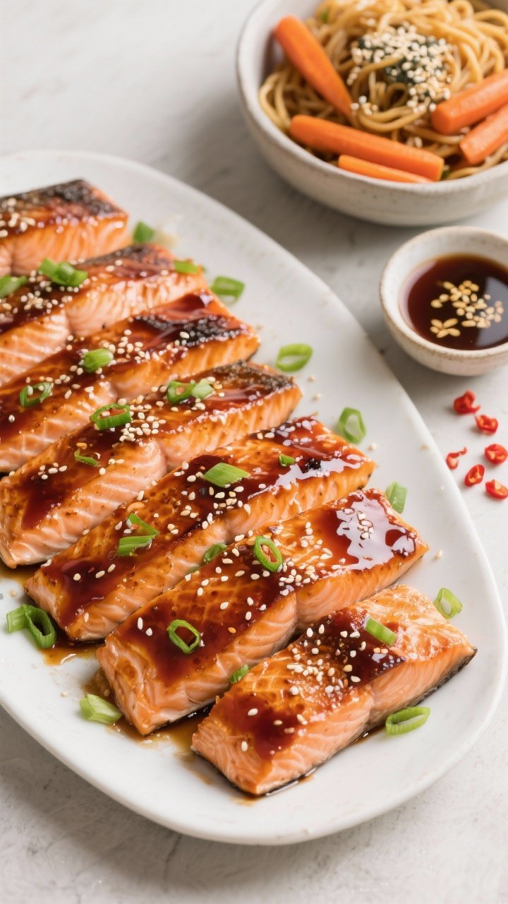 Tasty top view: Overhead shot of a family-style serving platter with multiple glazed salmon fillets