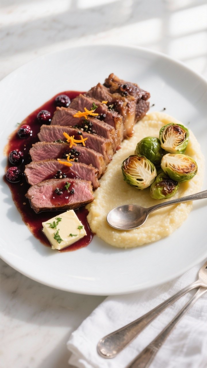 Tasty top view: Overhead shot of a final plated dish—fan of sliced venison backstrap on a matte wh