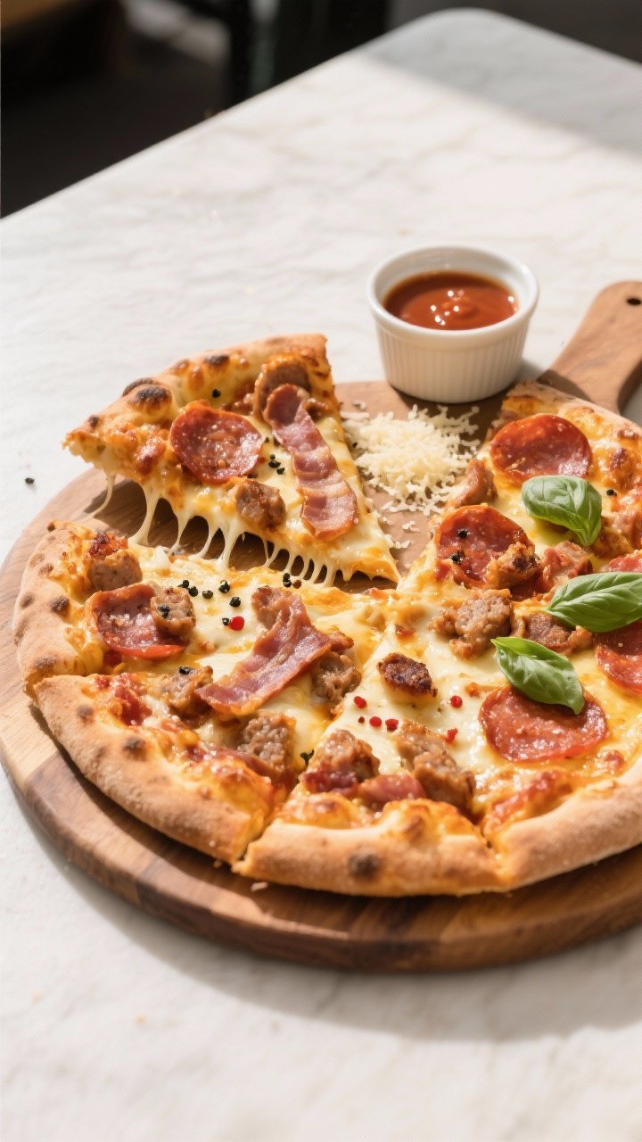 Tasty top view: Overhead shot of a finished Air Fryer 3-Meat Pizza on a wooden board, sliced into ne