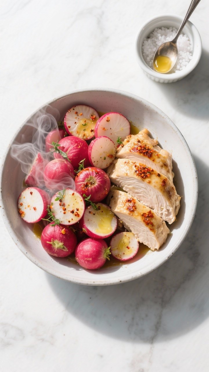 Tasty top view: Overhead shot of a generous serving bowl of roasted radishes nestled beside a simple