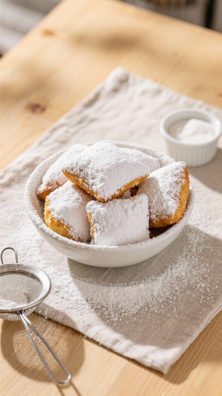 Tasty top view: Overhead shot of a heaping bowl of finished beignets generously coated in powdered s