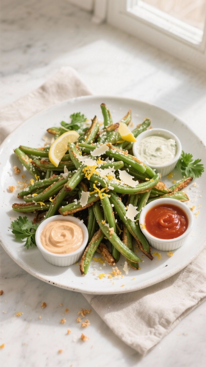 Tasty top view: Overhead shot of a heaping platter of green bean fries on a white ceramic plate, spr