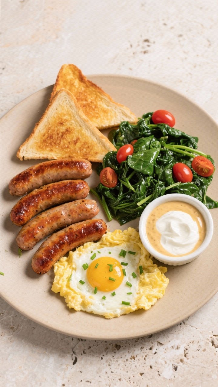 Tasty top view: Overhead shot of a hearty breakfast plate featuring a neat row of crispy air-fried s