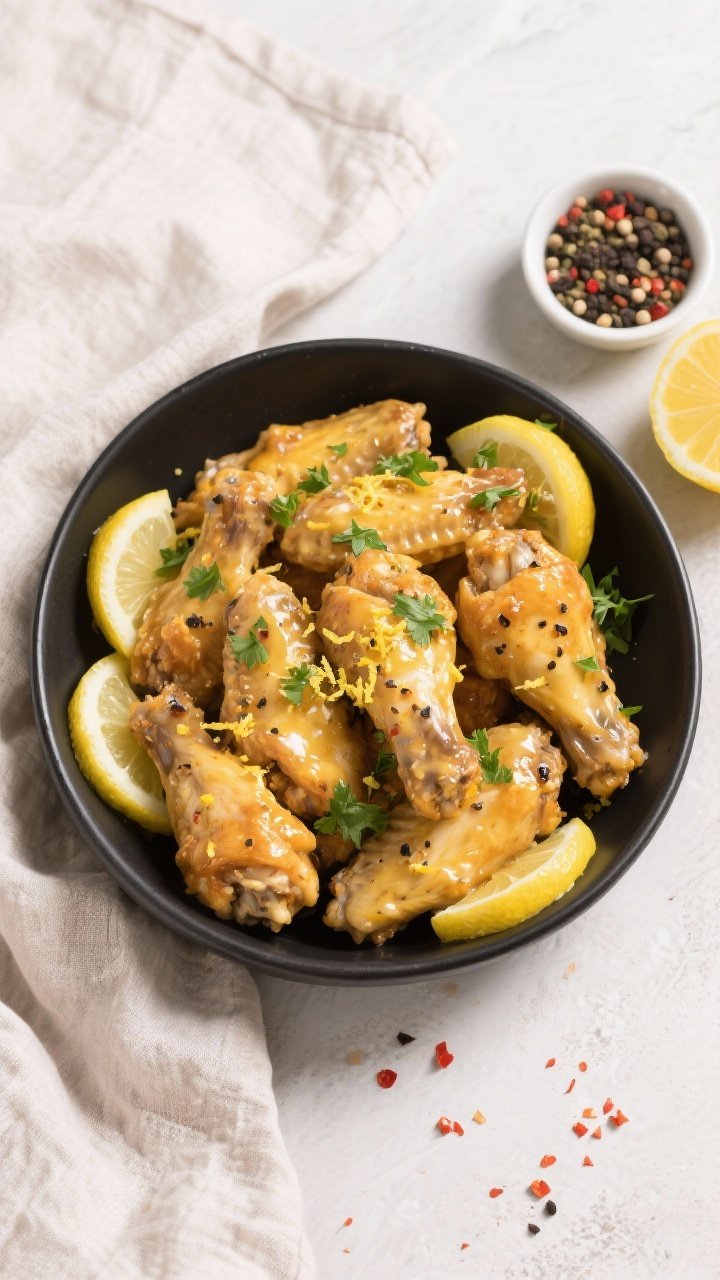 Tasty top view: Overhead shot of a large bowl of finished lemon pepper wings tossed in buttery sauce