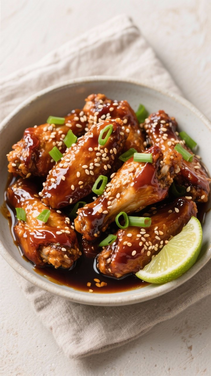 Tasty top view: Overhead shot of a large bowl of freshly tossed sticky sesame wings, lacquered and g