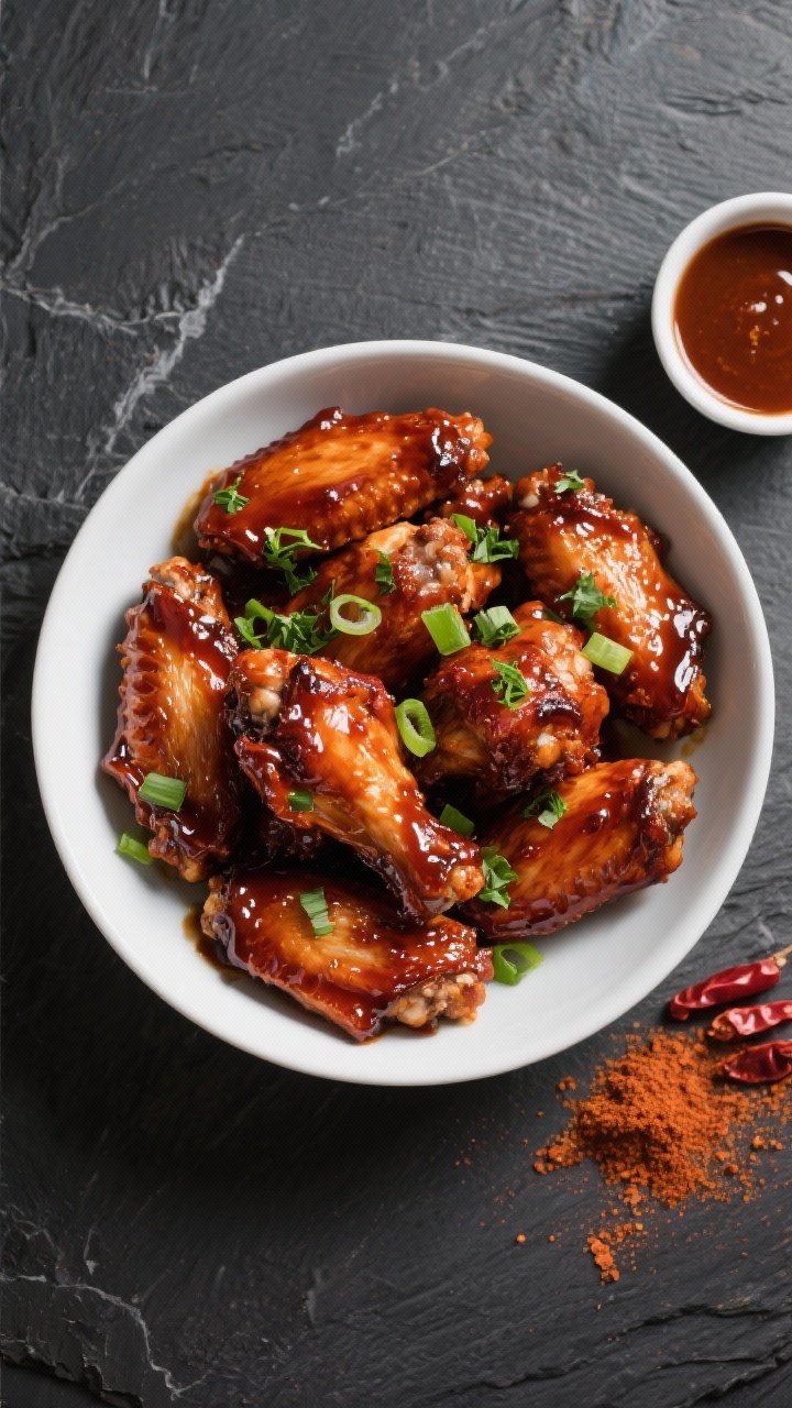 Tasty top view: Overhead shot of a large bowl of sauced smokey barbecue wings, sticky and lacquered 