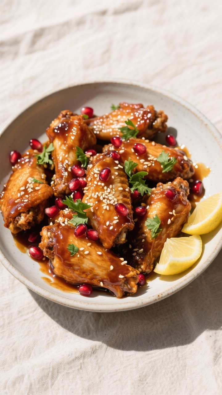 Tasty top view: Overhead shot of a large bowl of wings just tossed in sticky pomegranate molasses gl