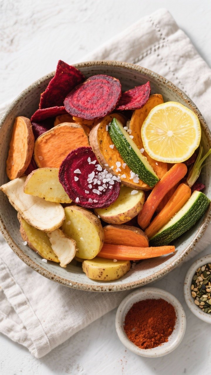 Tasty top view: Overhead shot of a large rustic bowl overflowing with mixed rainbow chips—crimson