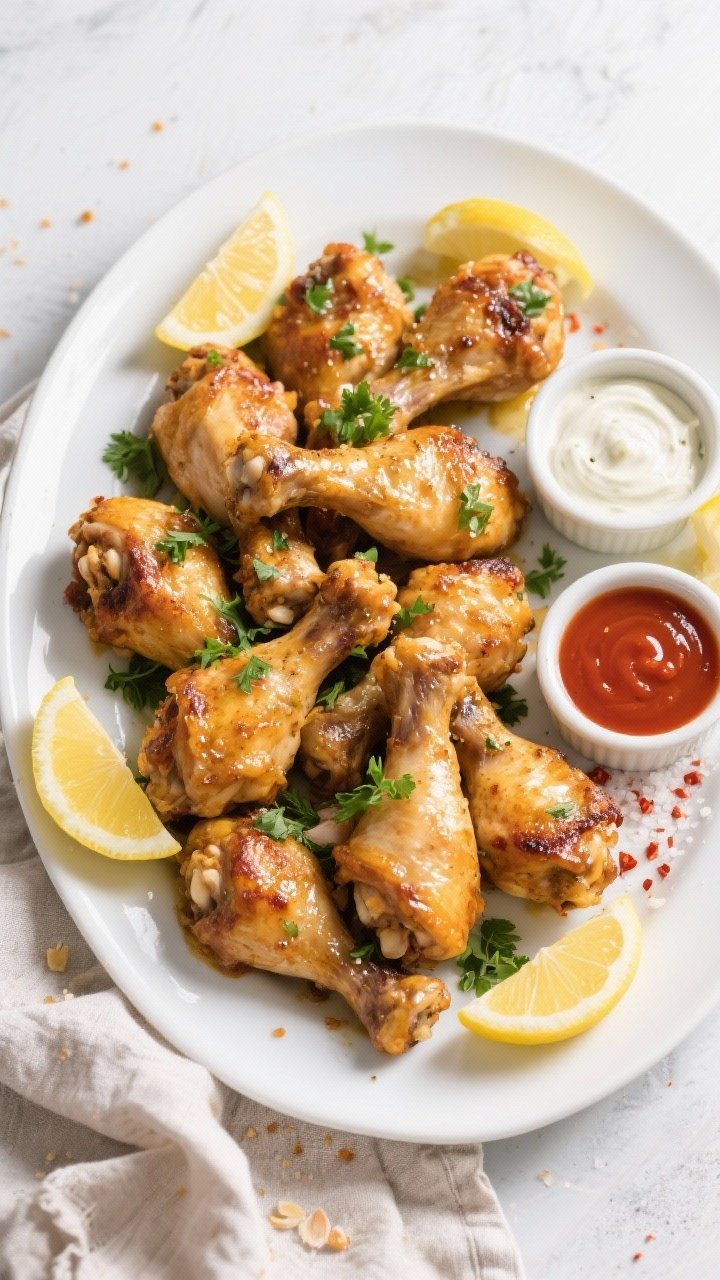 Tasty top view: Overhead shot of a large white platter piled with garlic butter chicken drumettes, g