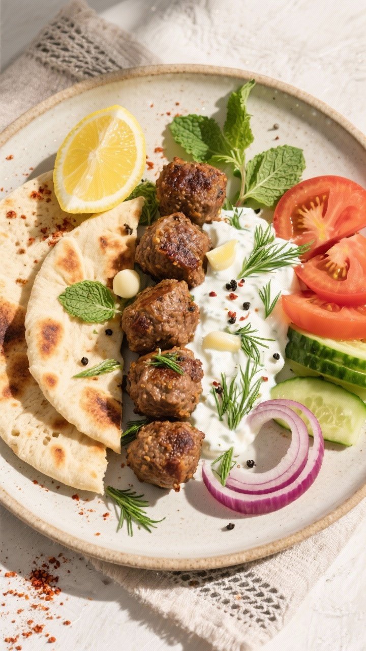 Tasty top view: Overhead shot of a mezze-style spread featuring cooked lamb kofta nestled on warm pi