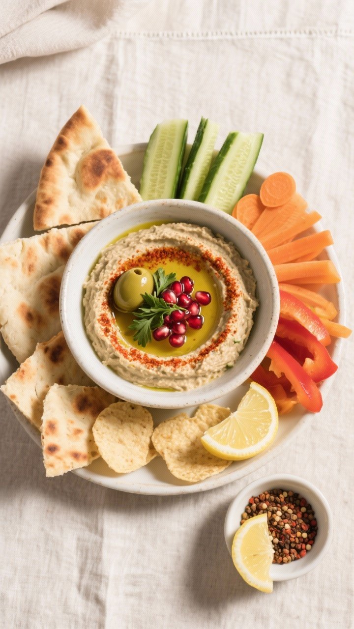 Tasty top view: Overhead shot of a mezze-style spread centered on a bowl of baba ganoush with an oli