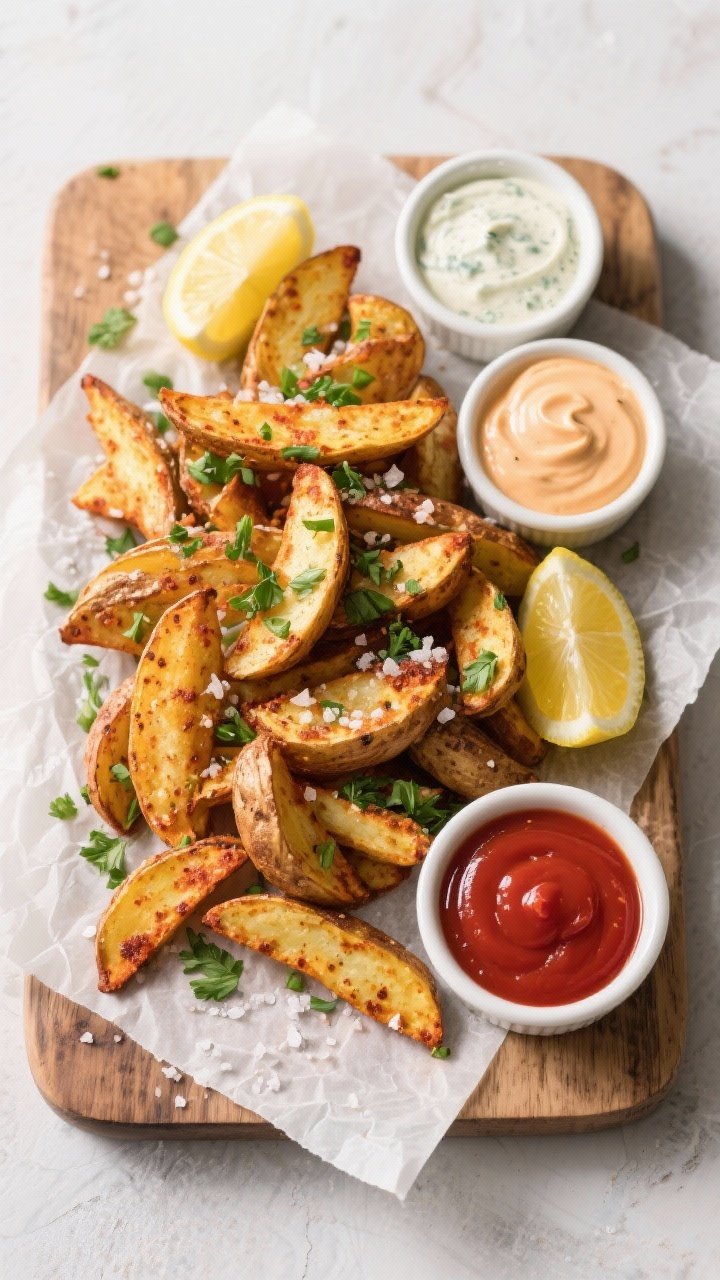 Tasty top view: Overhead shot of a parchment-lined board piled with Cajun potato wedges, sprinkled w