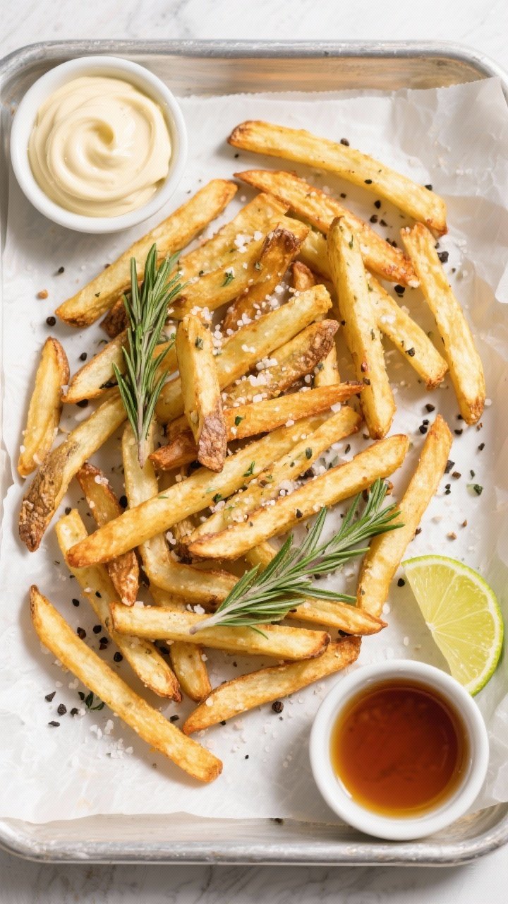 Tasty top view: Overhead shot of a parchment-lined tray of finished fries, evenly golden with a rust