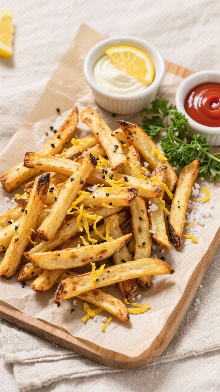 Tasty top view: Overhead shot of a parchment-lined sheet or board piled with lemon pepper fries, eve
