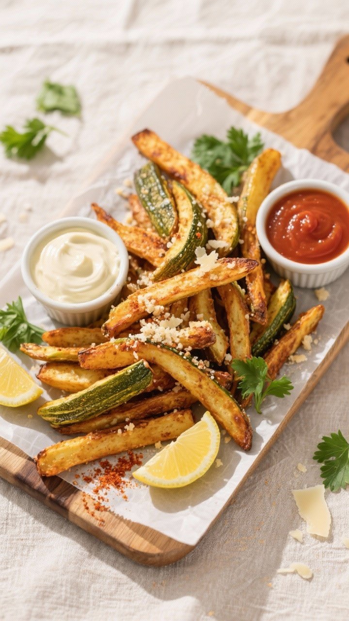Tasty top view: Overhead shot of a parchment-lined board piled with baby marrow fries, deeply golden