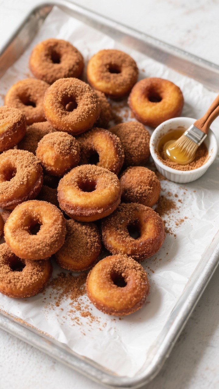 Tasty top view: Overhead shot of a parchment-lined tray piled with freshly cooked donut holes, evenl