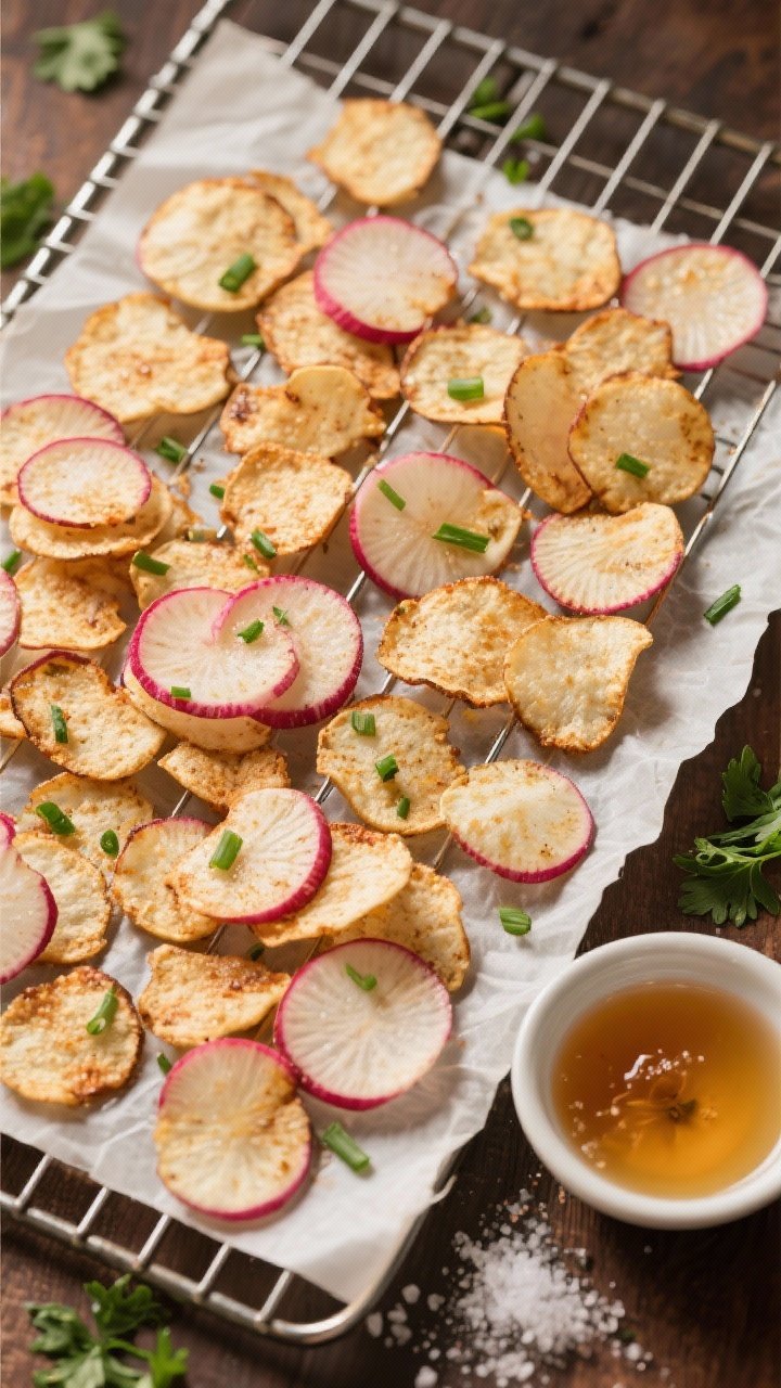 Tasty top view: Overhead shot of a parchment-lined wire rack holding a full batch of finished radish