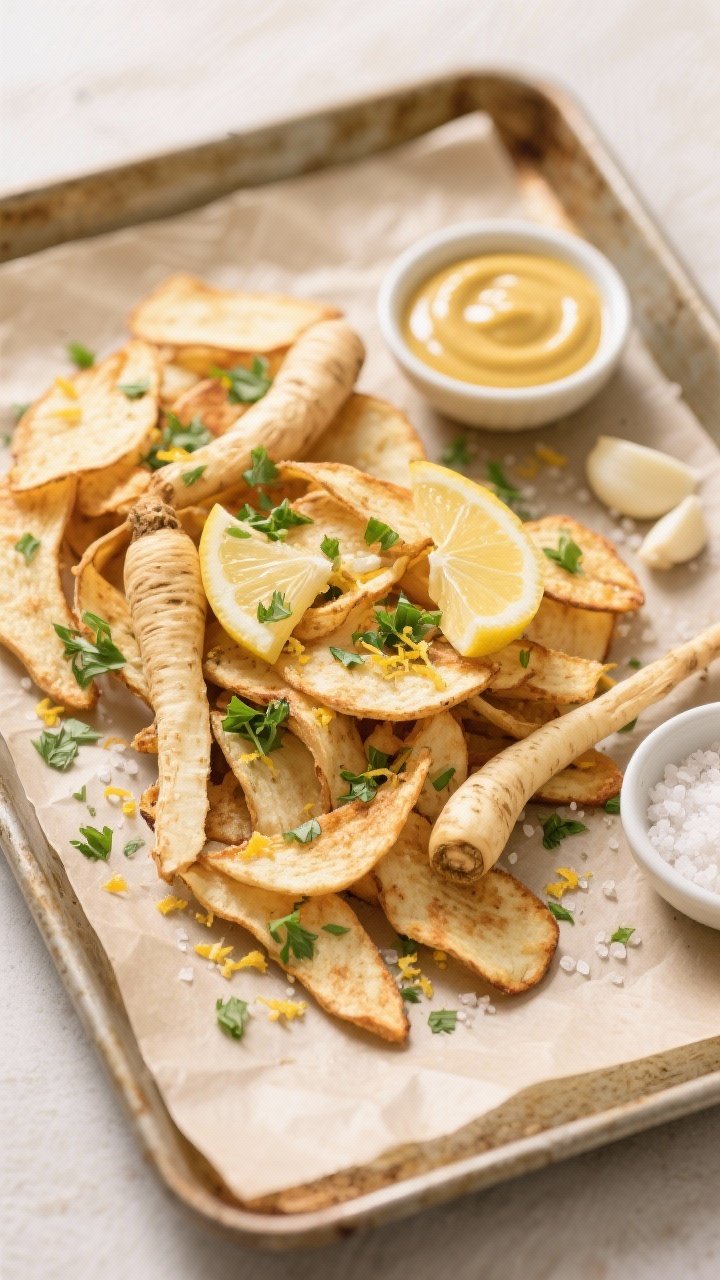 Tasty top view: Overhead shot of a parchment-lined sheet pan holding a pile of finished parsnip chip
