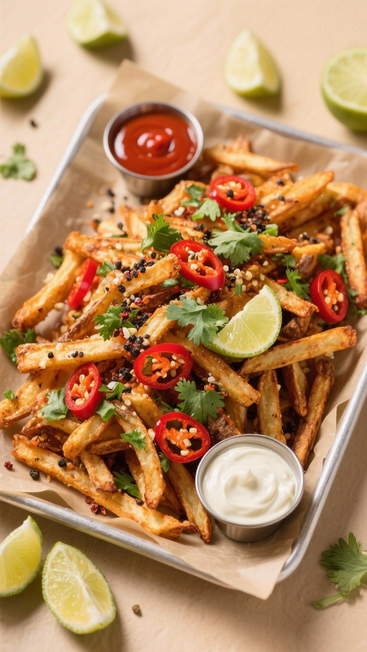 Tasty top view: Overhead shot of a parchment-lined tray piled with finished chilli garlic fries, vib