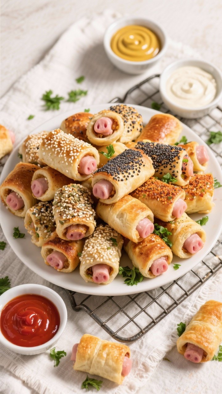 Tasty top view: Overhead shot of a party platter piled with assorted pigs in a blanket—some topped