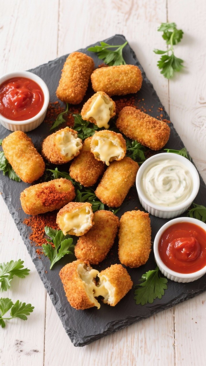 Tasty top view: Overhead shot of a party-style platter of croquettes with variation—some with chee
