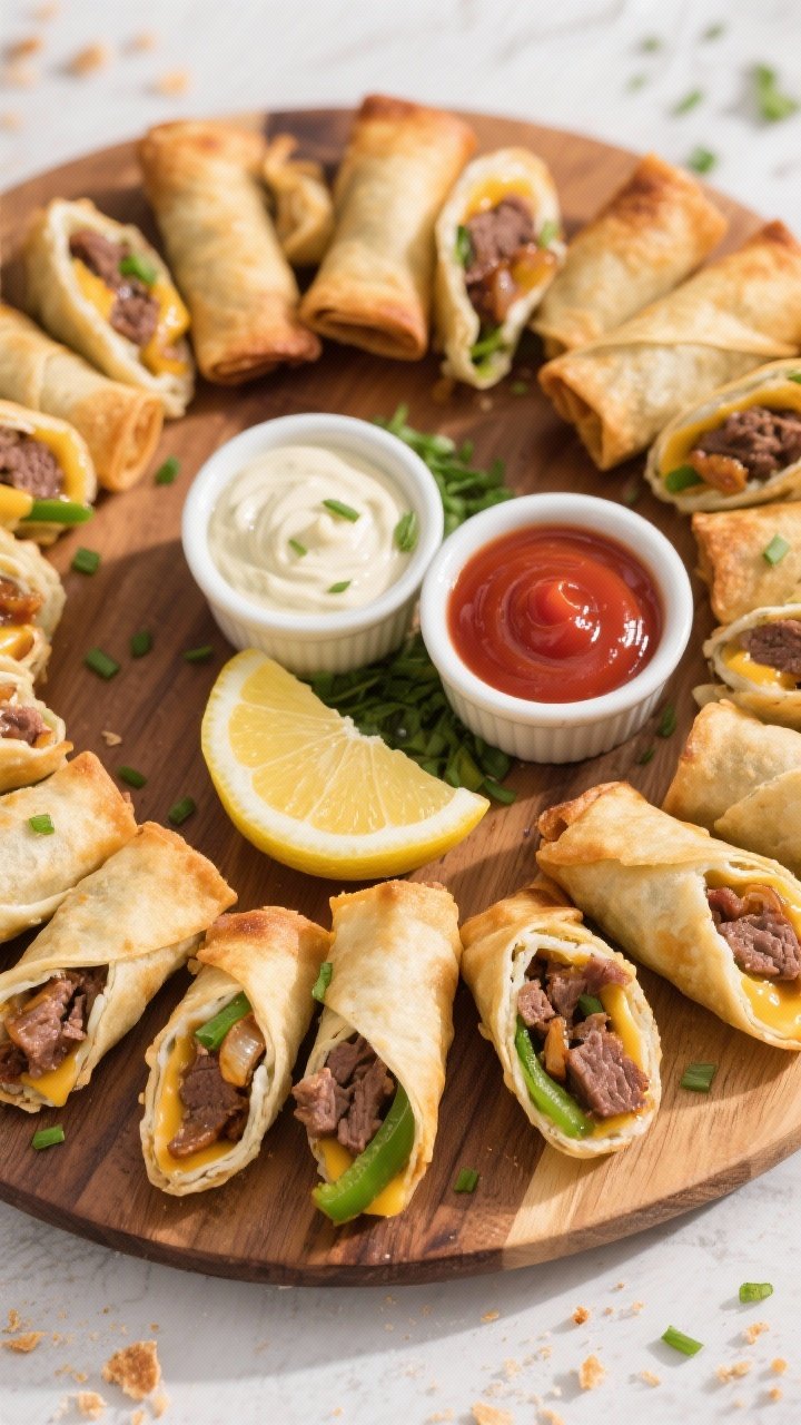 Tasty top view: Overhead shot of a party-style spread—sliced cheesesteak egg rolls arranged in a c