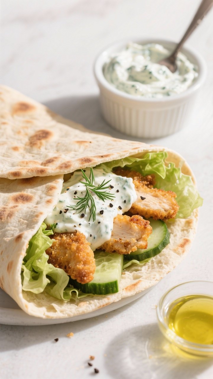 Tasty top view: Overhead shot of a pita wrap assembly—air-fried chicken strips nestled in warm pit