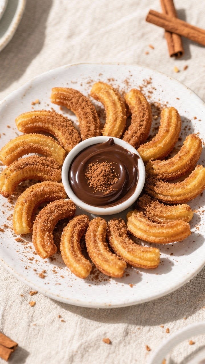 Tasty top view: Overhead shot of a platter of 2–3 inch mini churros arranged in a loose spiral, he