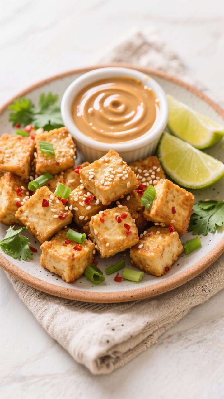 Tasty top view: Overhead shot of a platter of air fryer tofu nuggets arranged in a casual pile, rame
