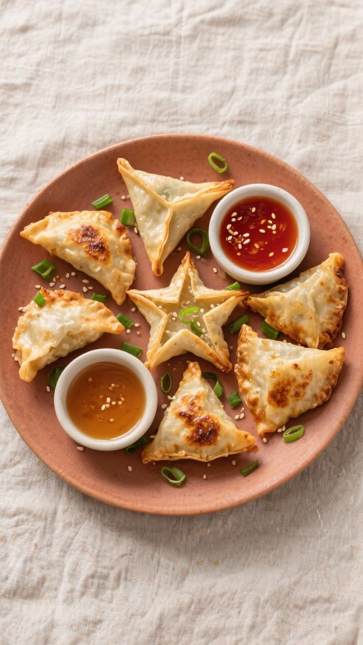 Tasty top view: Overhead shot of a platter of assorted-shaped Air Fryer Crab Rangoons (triangle, fou