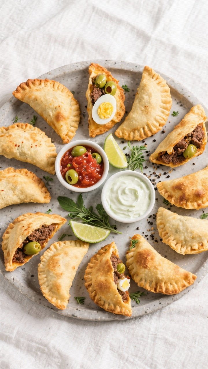 Tasty top view: Overhead shot of a platter of assorted air-fried beef empanadas arranged in a radial