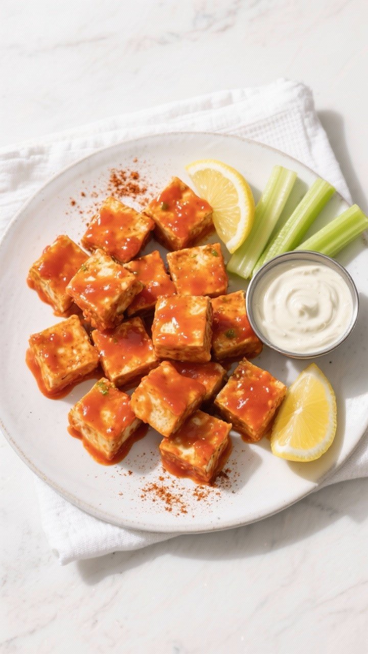 Tasty top view: Overhead shot of a platter of Buffalo tofu bites, evenly sauced and vibrant orange-r