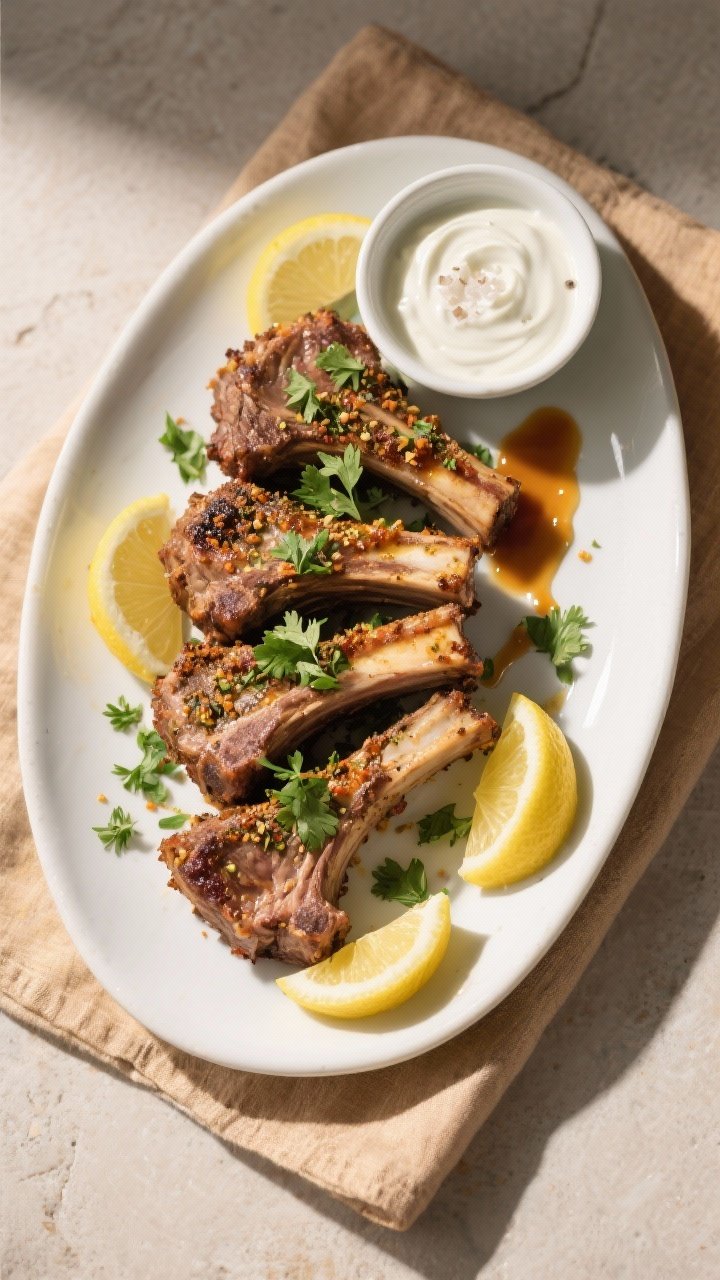 Tasty top view: Overhead shot of a platter of coriander-spiced lamb riblets piled on a white ceramic