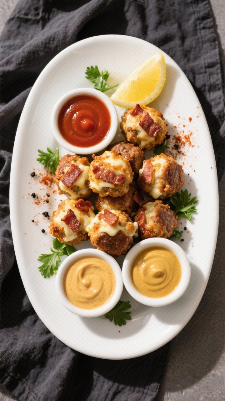 Tasty top view: Overhead shot of a platter of crispy air-fried cheese-and-bacon meatballs, served wi
